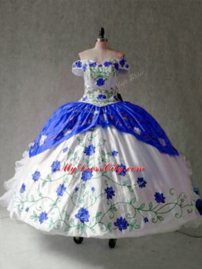 Glorious Cap Sleeves Floor Length Embroidery and Ruffles Lace Up Sweet 16 Dresses with Blue And White