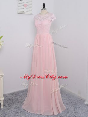 Lovely Lace Court Dresses for Sweet 16 Baby Pink Zipper Cap Sleeves Floor Length
