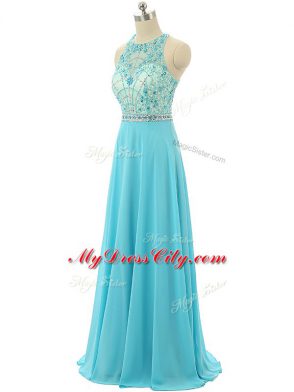 Floor Length Empire Sleeveless Aqua Blue Zipper