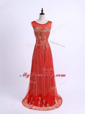 Red Tulle Zipper Sweetheart Sleeveless Floor Length Formal Dresses Beading