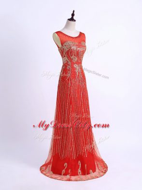 Red Tulle Zipper Sweetheart Sleeveless Floor Length Formal Dresses Beading