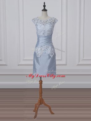 Scoop Short Sleeves Mother of the Bride Dress Mini Length Lace and Appliques Grey Satin