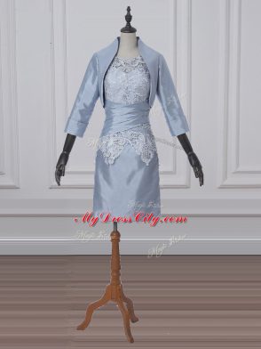 Scoop Short Sleeves Mother of the Bride Dress Mini Length Lace and Appliques Grey Satin