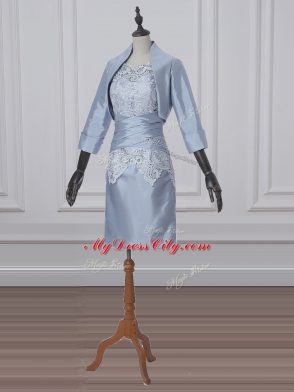 Scoop Short Sleeves Mother of the Bride Dress Mini Length Lace and Appliques Grey Satin