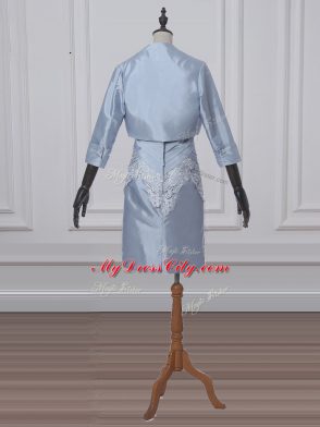 Scoop Short Sleeves Mother of the Bride Dress Mini Length Lace and Appliques Grey Satin