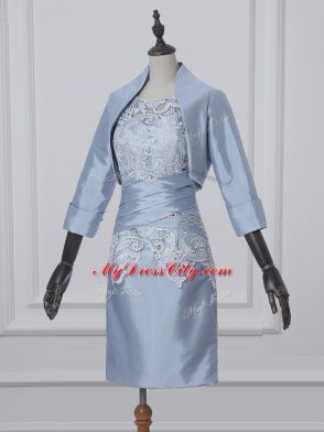 Scoop Short Sleeves Mother of the Bride Dress Mini Length Lace and Appliques Grey Satin