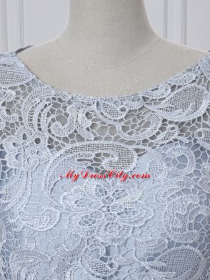 Scoop Short Sleeves Mother of the Bride Dress Mini Length Lace and Appliques Grey Satin