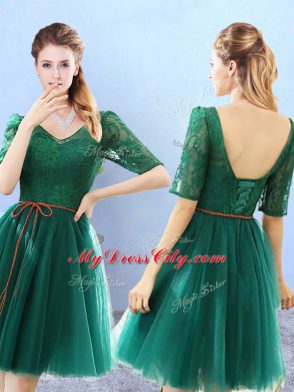 Tulle V-neck Half Sleeves Backless Lace Quinceanera Dama Dress in Green