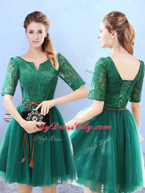 Tulle V-neck Half Sleeves Backless Lace Quinceanera Dama Dress in Green