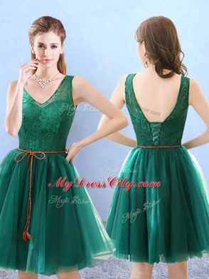 Tulle V-neck Half Sleeves Backless Lace Quinceanera Dama Dress in Green