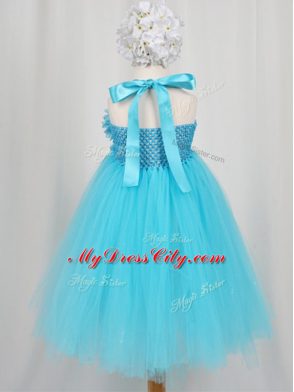 Aqua Blue Side Zipper Flower Girl Dress Hand Made Flower Sleeveless Knee Length