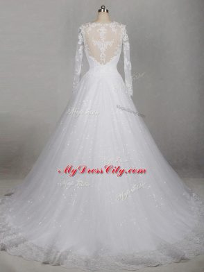 Side Zipper Wedding Dresses White for Wedding Party with Lace Brush Train