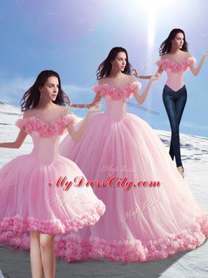 Sexy Baby Pink Ball Gowns Tulle Off The Shoulder Sleeveless Hand Made Flower Lace Up Sweet 16 Dresses Brush Train