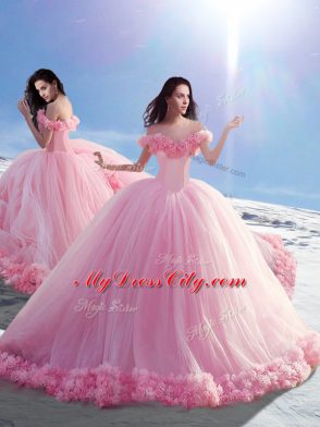 Sexy Baby Pink Ball Gowns Tulle Off The Shoulder Sleeveless Hand Made Flower Lace Up Sweet 16 Dresses Brush Train