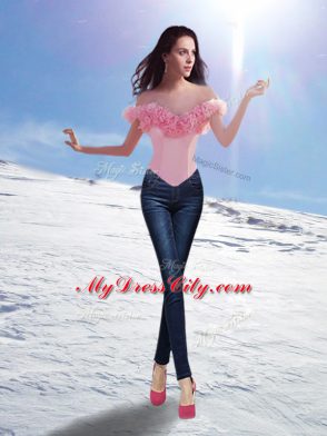 Sexy Baby Pink Ball Gowns Tulle Off The Shoulder Sleeveless Hand Made Flower Lace Up Sweet 16 Dresses Brush Train