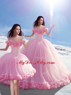 Sexy Baby Pink Ball Gowns Tulle Off The Shoulder Sleeveless Hand Made Flower Lace Up Sweet 16 Dresses Brush Train