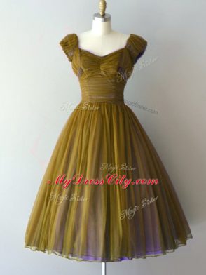 Exquisite A-line Wedding Guest Dresses Olive Green V-neck Chiffon Cap Sleeves Knee Length Lace Up