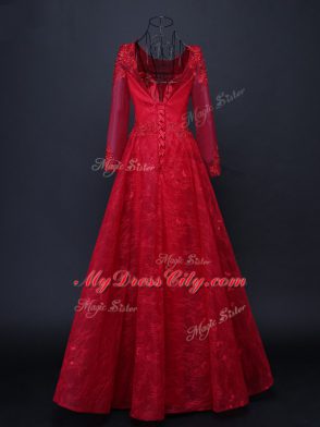 Red Long Sleeves Lace and Appliques Floor Length Mother of Groom Dress
