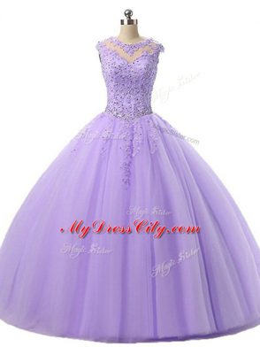 Scoop Sleeveless 15th Birthday Dress Floor Length Beading and Lace Lavender Tulle