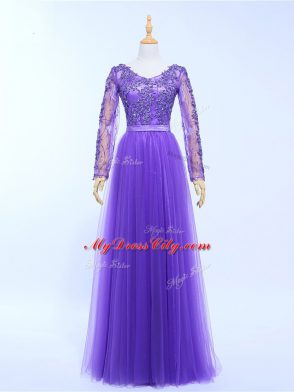 Lavender Empire Lace and Appliques Womens Evening Dresses Lace Up Tulle Long Sleeves Floor Length