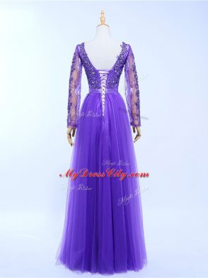 Lavender Empire Lace and Appliques Womens Evening Dresses Lace Up Tulle Long Sleeves Floor Length