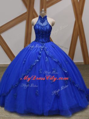 Brush Train Ball Gowns Ball Gown Prom Dress Royal Blue Halter Top Tulle Sleeveless Lace Up