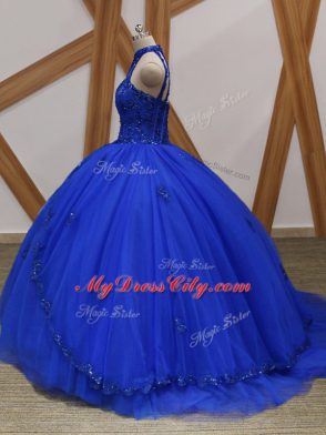 Brush Train Ball Gowns Ball Gown Prom Dress Royal Blue Halter Top Tulle Sleeveless Lace Up