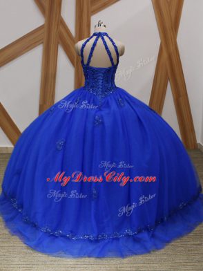 Brush Train Ball Gowns Ball Gown Prom Dress Royal Blue Halter Top Tulle Sleeveless Lace Up