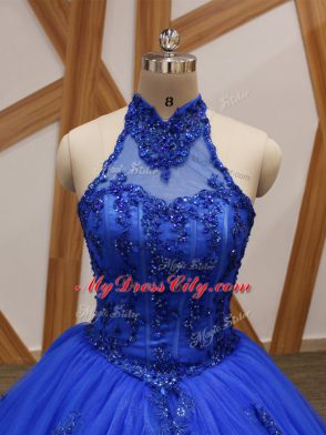 Brush Train Ball Gowns Ball Gown Prom Dress Royal Blue Halter Top Tulle Sleeveless Lace Up