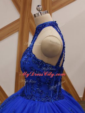 Brush Train Ball Gowns Ball Gown Prom Dress Royal Blue Halter Top Tulle Sleeveless Lace Up
