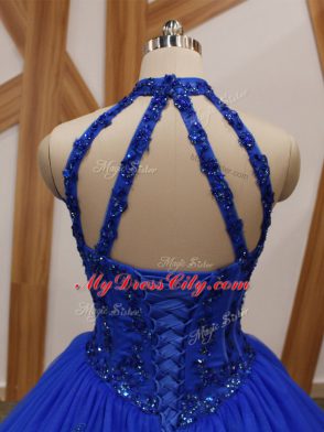 Brush Train Ball Gowns Ball Gown Prom Dress Royal Blue Halter Top Tulle Sleeveless Lace Up