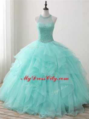 Apple Green Ball Gowns Organza Scoop Sleeveless Beading and Ruffles Floor Length Lace Up Quinceanera Dresses