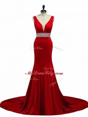 Wine Red Zipper Celebrity Prom Dress Beading Sleeveless Brush Train
