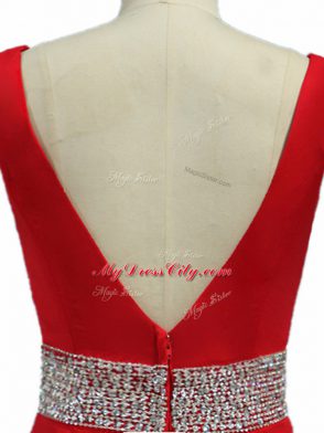 Wine Red Zipper Celebrity Prom Dress Beading Sleeveless Brush Train