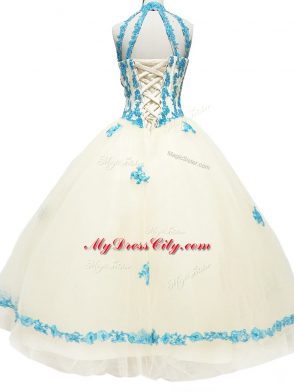 Champagne Halter Top Lace Up Lace and Appliques Evening Dress Sleeveless