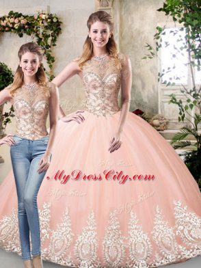 Peach Two Pieces Scoop Sleeveless Tulle Floor Length Lace Up Beading and Lace and Appliques Quinceanera Dresses