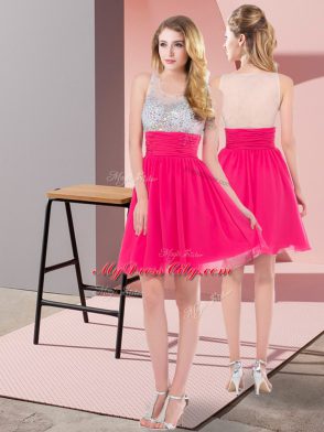 Hot Pink Empire Scoop Sleeveless Chiffon Mini Length Side Zipper Sequins Prom Party Dress