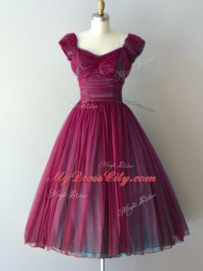Superior Burgundy Bridesmaid Gown Prom and Party and Wedding Party with Ruching V-neck Cap Sleeves Lace Up