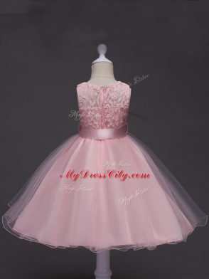 On Sale Baby Pink Scoop Neckline Lace and Belt Flower Girl Dresses for Less Sleeveless Zipper