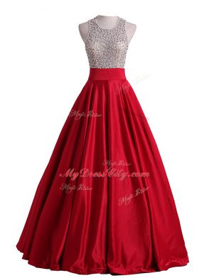 Scoop Sleeveless Backless Evening Dress Red Satin