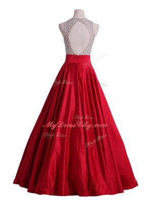 Scoop Sleeveless Backless Evening Dress Red Satin