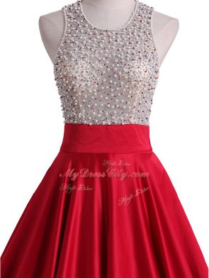 Scoop Sleeveless Backless Evening Dress Red Satin