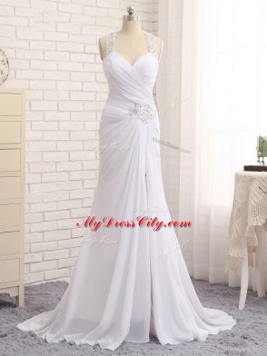 High Class White Chiffon Side Zipper Wedding Dresses Sleeveless Brush Train Beading and Ruching