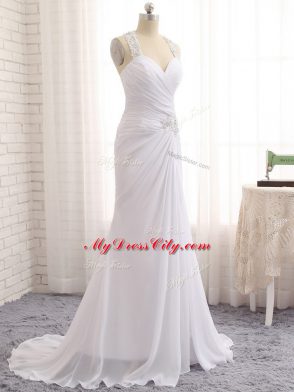 High Class White Chiffon Side Zipper Wedding Dresses Sleeveless Brush Train Beading and Ruching