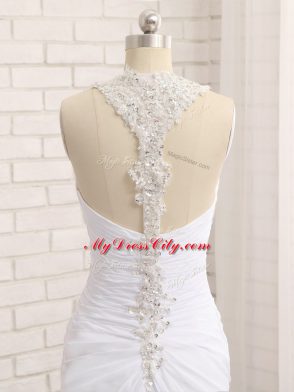 High Class White Chiffon Side Zipper Wedding Dresses Sleeveless Brush Train Beading and Ruching