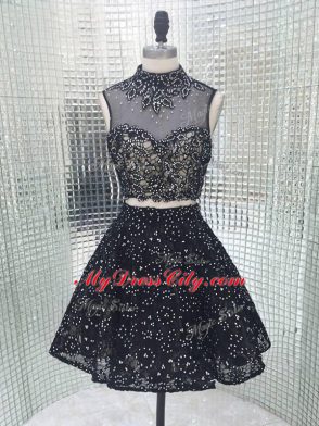 Glittering Black Sequined Backless Prom Evening Gown Sleeveless Mini Length Beading and Lace and Appliques