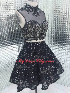 Glittering Black Sequined Backless Prom Evening Gown Sleeveless Mini Length Beading and Lace and Appliques