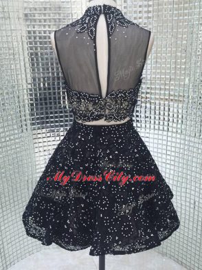 Glittering Black Sequined Backless Prom Evening Gown Sleeveless Mini Length Beading and Lace and Appliques