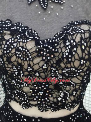 Glittering Black Sequined Backless Prom Evening Gown Sleeveless Mini Length Beading and Lace and Appliques