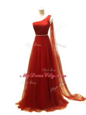 Customized Tulle Sleeveless Evening Wear Brush Train and Beading and Ruching